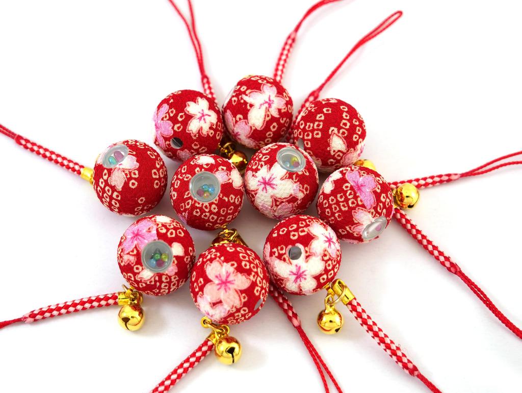 Blume Chirimen Kaleidoskop Glocke Japanischer Chirimen Netsuke Hergestellt als Souvenir Kirsche [Zune] (8 mm) Schlüsselanhänger, Japan, (Rote Blüte)