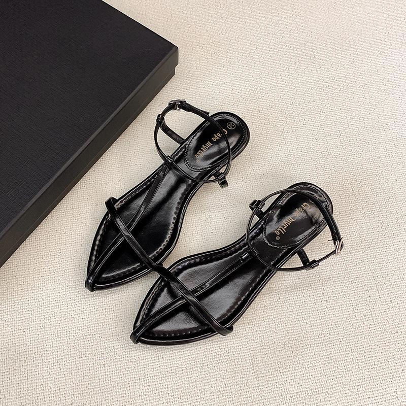 

Lambskin~ Leather pointed cross thin strap open-toed sandals women s summer new one-button beach shoes niche sandals 34