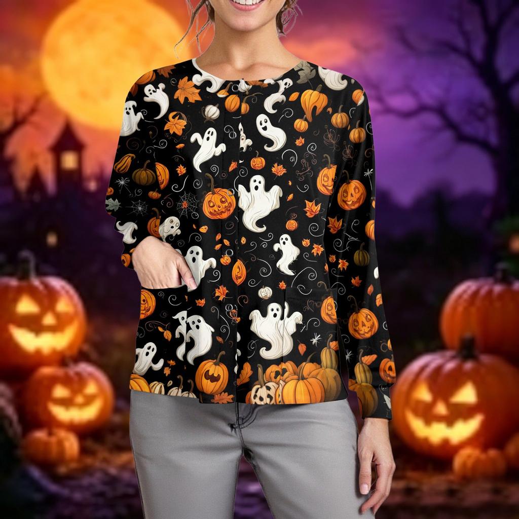 Women Long Sleeve Button Front Cardigan Halloween Print Lightweight Knitwear Pullover Top for Casual Wear and Work