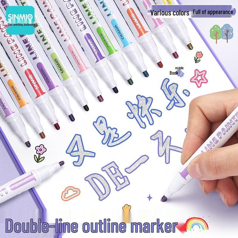 24-Color Glitter Double-Line Outline Pens Set - Fluorescent & Pearlescent Markers for Students, Macaron Series