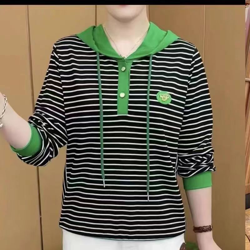 

Женская футболка, С длинным рукавом, С капюшоном, В западном стиле, Тонкий полосатый свитер для весны и осени, На все случаи жизни S зелёный