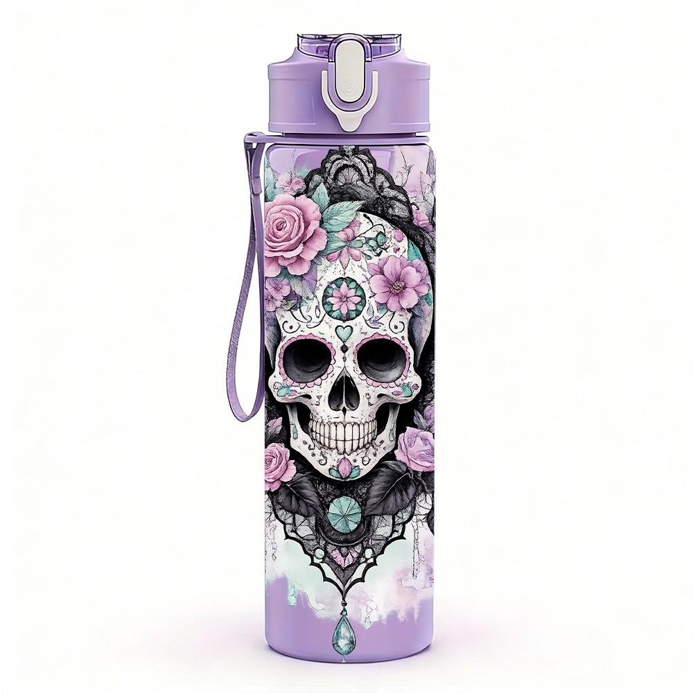 1PC Rose Sugar Skull Dark Floral Art 750ml Color Plastic Sports Water Bottle Leakproof Flip Straw Lid Suitable for Sports Office Home Use