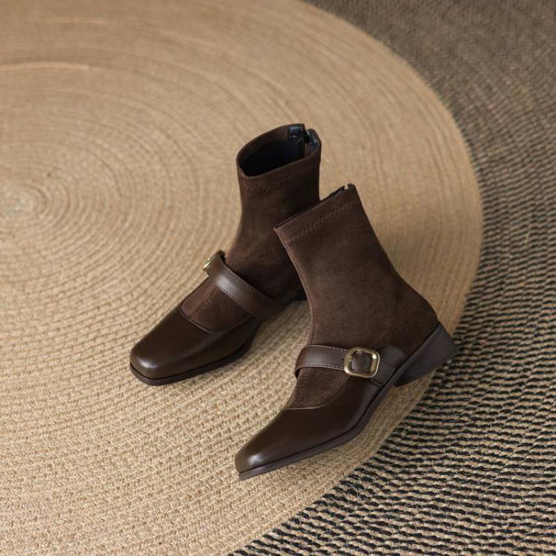 New low-heeled suede elastic medium boots non-slip rubber sole square-heeled large-size women's boots autumn and winter square-head Martin boots