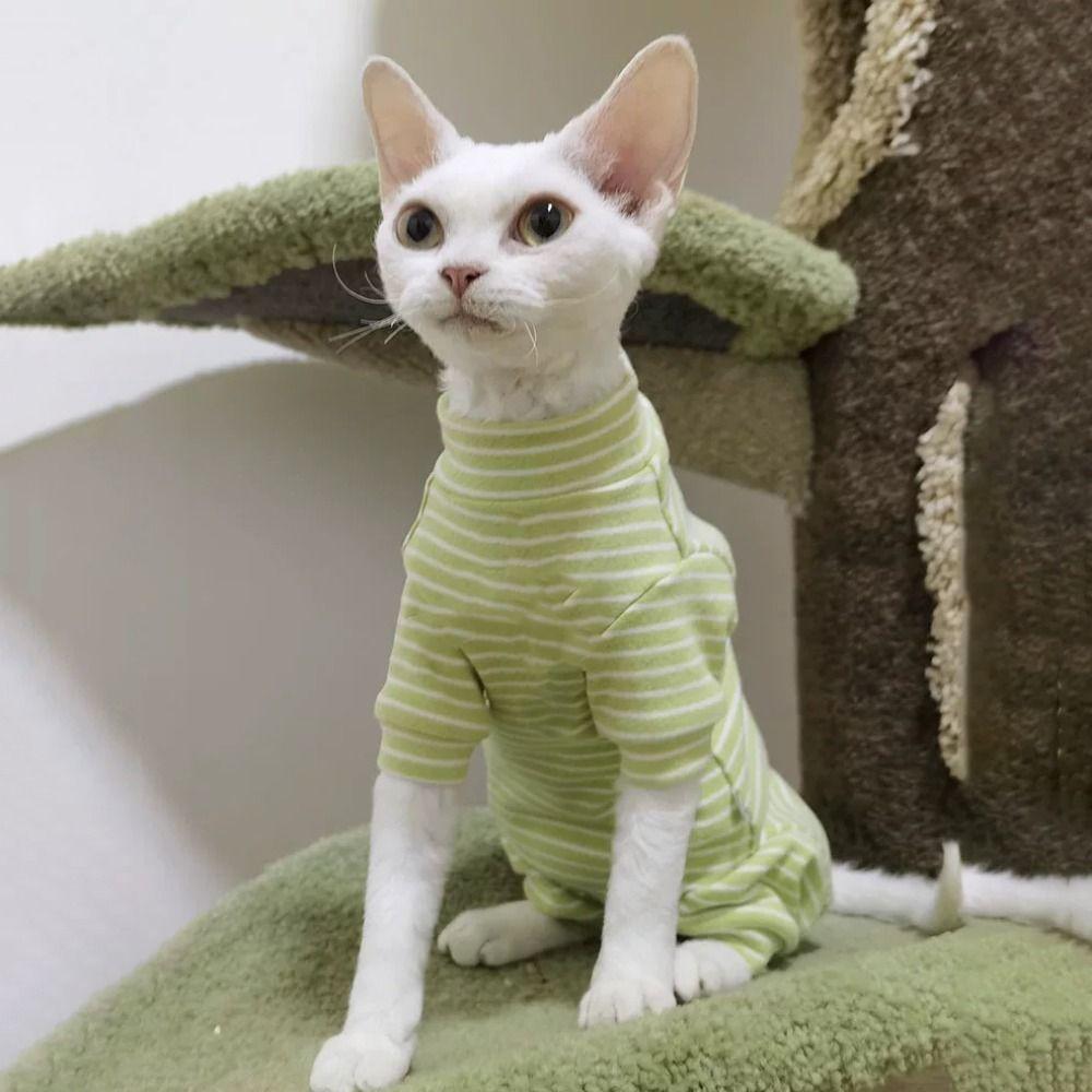 Warm Sphynx Cat Clothes Soft Cat Striped Jumpsuit Hairless Cat Base Shirt  For Autumn Winter