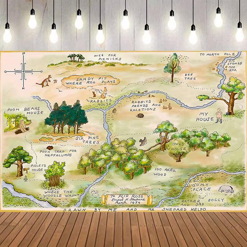 

2D Flat Winnie the Pooh Map Tapestry for Whimsical & Nostalgic Room Photoshoot Decor 47.2x31.5inch/120*80cm