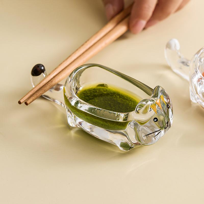 Creative Cat Shaped Condiment Dish Crystal Glass Sauce Plate for Sushi Japanese Food Table Setting Decoration Gift