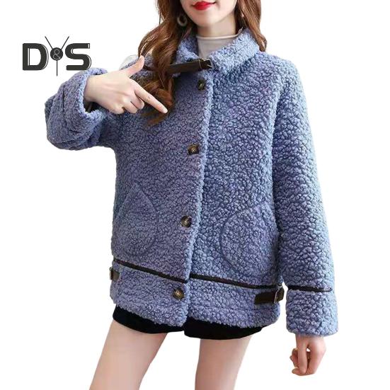Winter Women Coat Single-breasted Turn-down Collar Long Sleeves Loose Thick Plush Pockets Belt Decor Windproof Warm Jacket