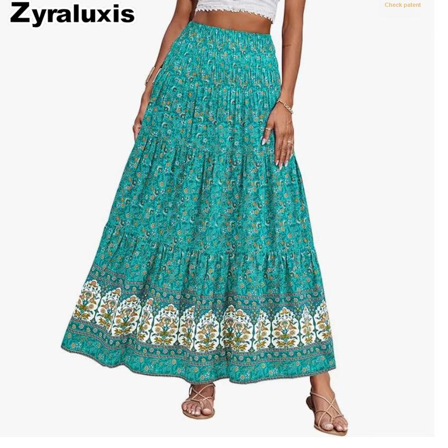 Neuer Bedruckter Maxi A-Linien Midi Rock Böhmischer Lässiger Hoher Bund Langes Kleid Strandrock für Damen