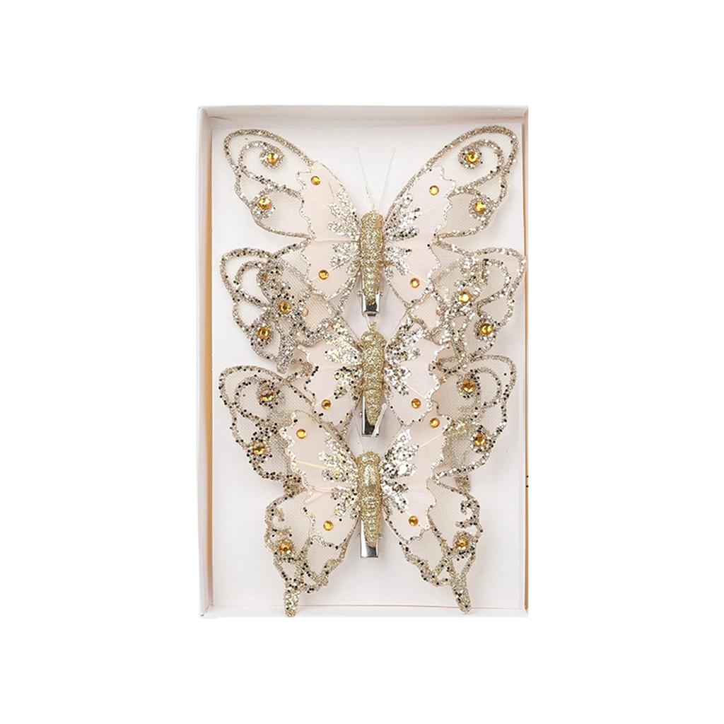 Set of 3 Glitter Butterfly Christmas Ornaments Clip-On Decorative Artificial Butterflies for Tree and Holiday Scene Decoration