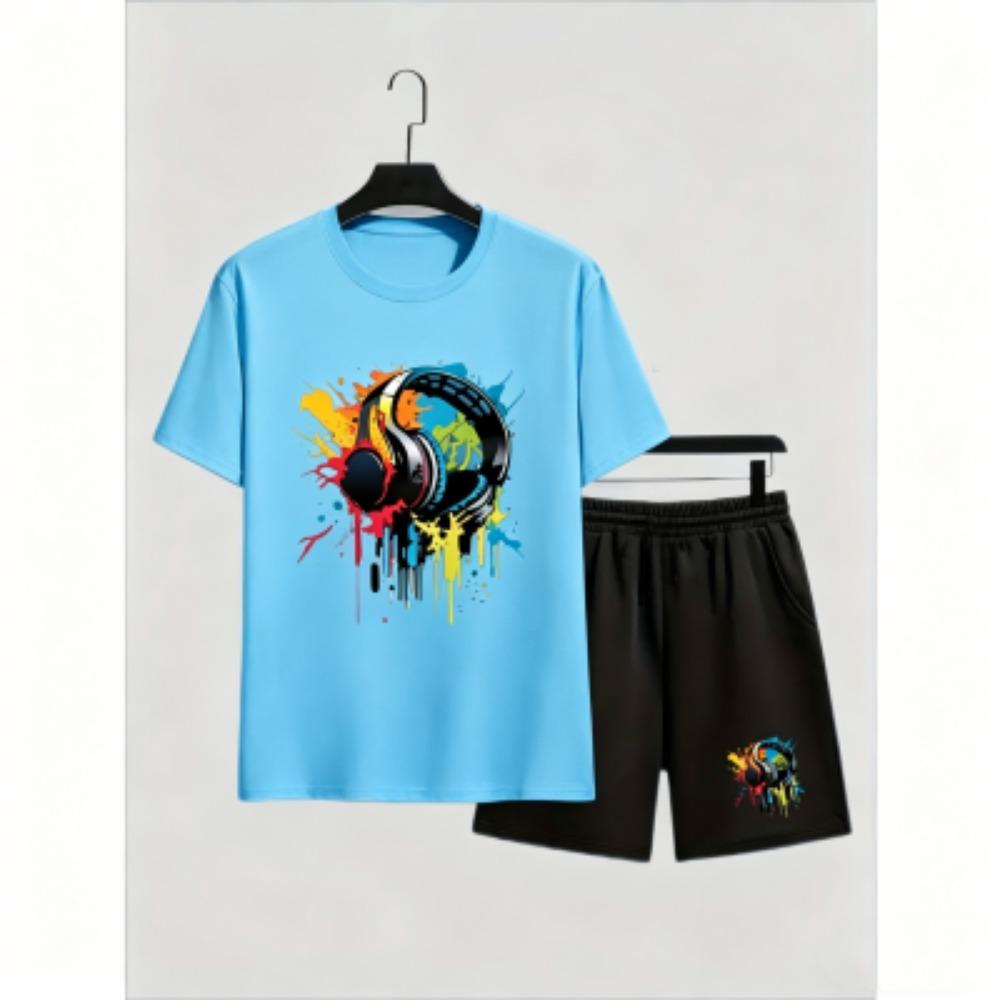 Fashion Men's T-shirt Shorts Set Color Headphones Printed Short Sleeve Tops Shorts 2pcs Summer Men Women's Outdoor Casual T-shirt Sets