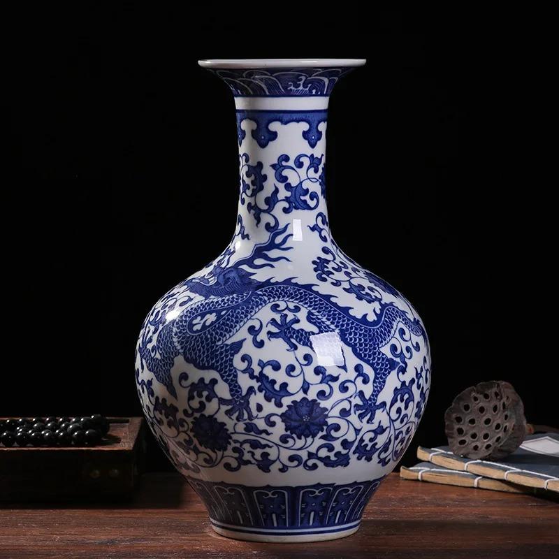 33cm/Jingdezhen Ceramic Vase Chinese Blue and White Porcelain Antique Living Room Home Flower Arrangement Vase Home Decoration O