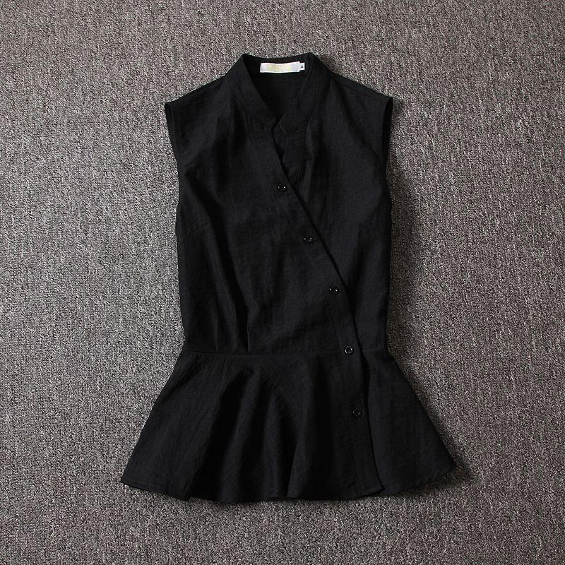 

Блузка женская без рукавов однотонная дизайн 2025 лето новый приход асимметричная на косой застежке шикарная облегающая стройнящая топ Black S