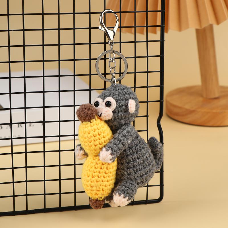 Cute Crochet Monkey Banana Keychain Handmade Knitted Animal Bag Charm Backpack Pendant Key Holder Lovely Gifts