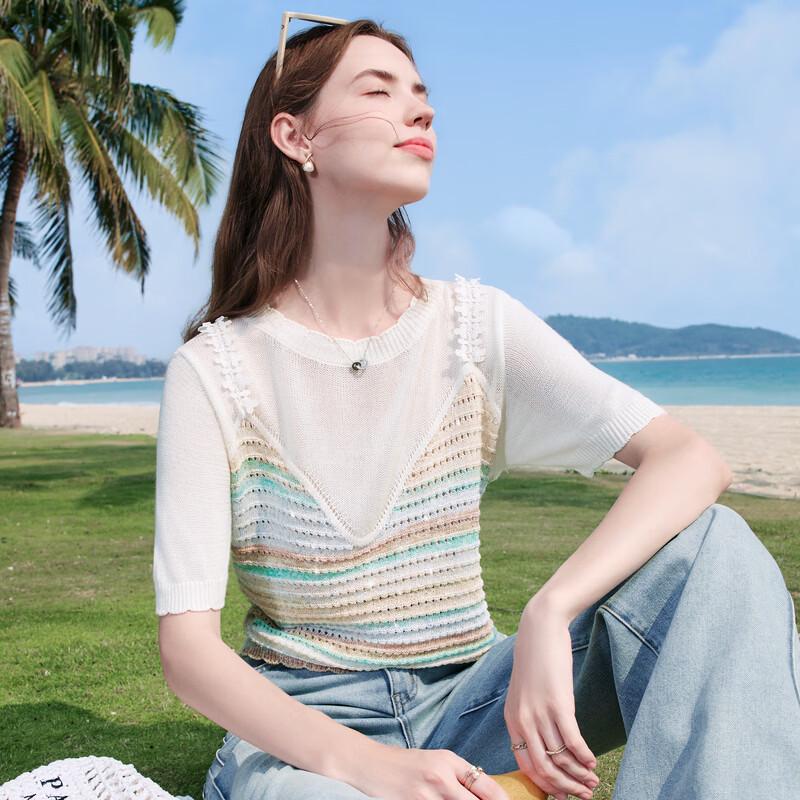 Baitu Women's Striped Short Sleeve Knit Top