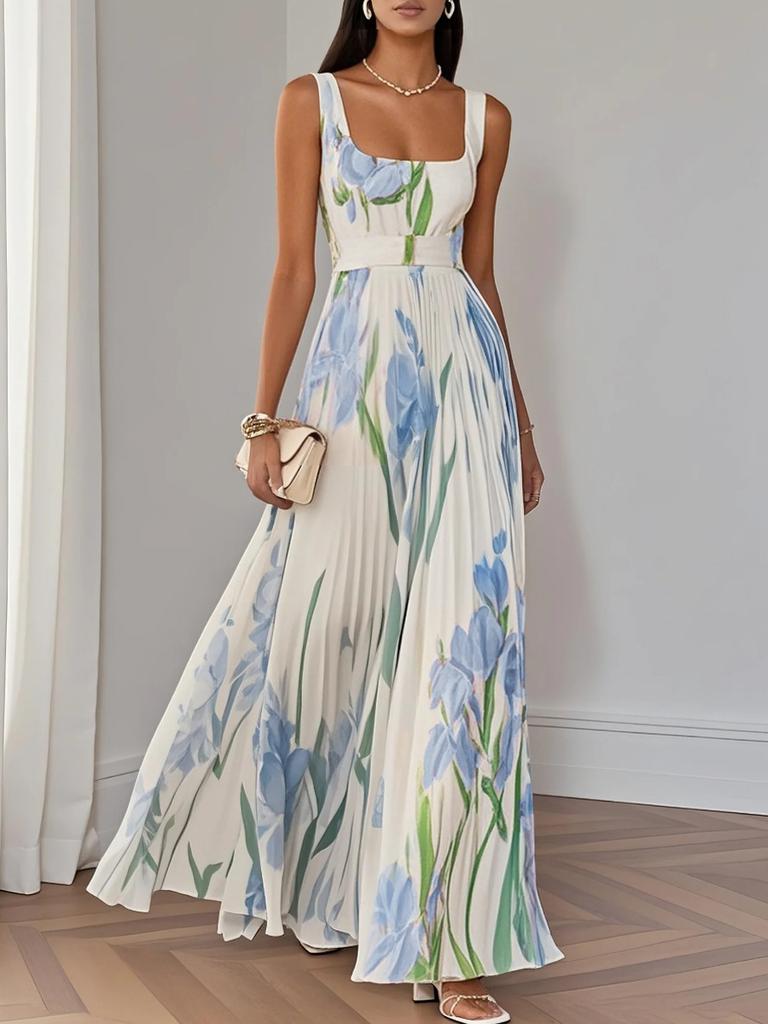 Women's Strappy Digital Print Ruffled Floral Maxi Dress