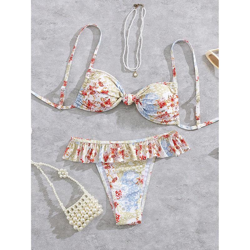 

Sexy Pink Floral Print Bikini Set Women Front Bow Push Up Ruffles High Waist Swimsuit Beach Holiday Bathing Suit Swimwear S синий