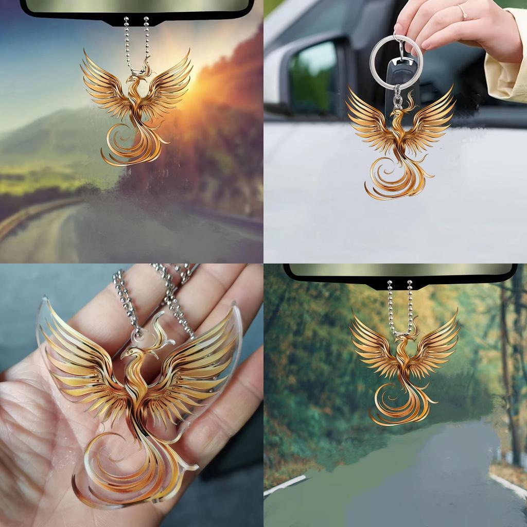 Schicker Vintage Acryl Goldener Phönix Auto Hängeornament Trendiger Rucksack Schlüsselanhänger Dekor