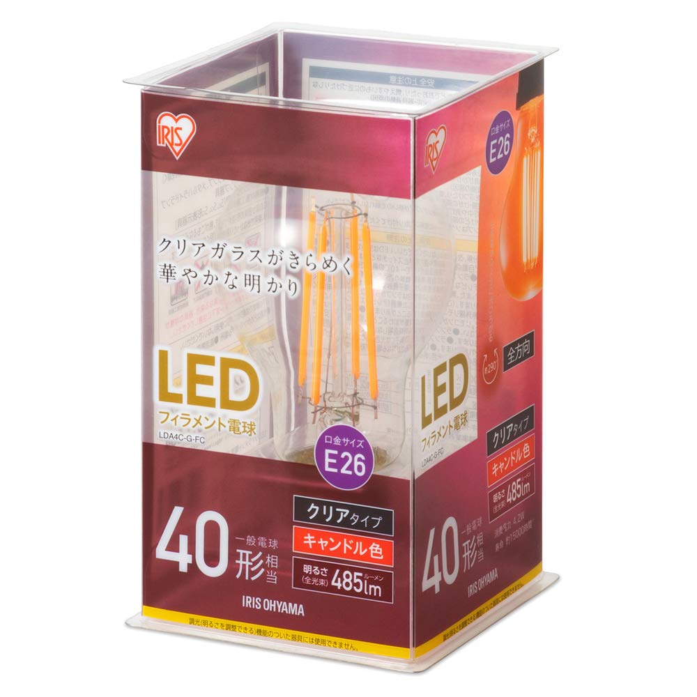 

Iris Ohyama LED Filament Bulb, E26, 40W Equivalent, Candle Color, Non-Dimmable, LDA4C-G-FC