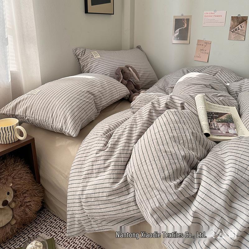 Blogger Style Cotton Striped Bedding Set - 4-Piece Duvet & Sheet Set, Home & Student Use