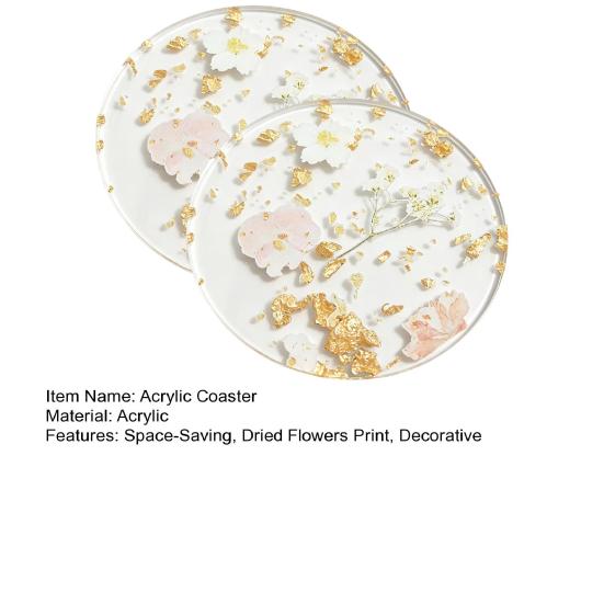 2Pcs Acrylic Drink Coaster Flowers Printed Heat-Resistant Coaster Waterproof Clear Non-Slip Cup Mat Gift for Mother's Day Birthday Holiday