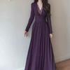 2026 Korean V-neck Lace Patchwork Long Sleeve Waist-Cinching Slim Dress - Spring/Autumn Socialite Style