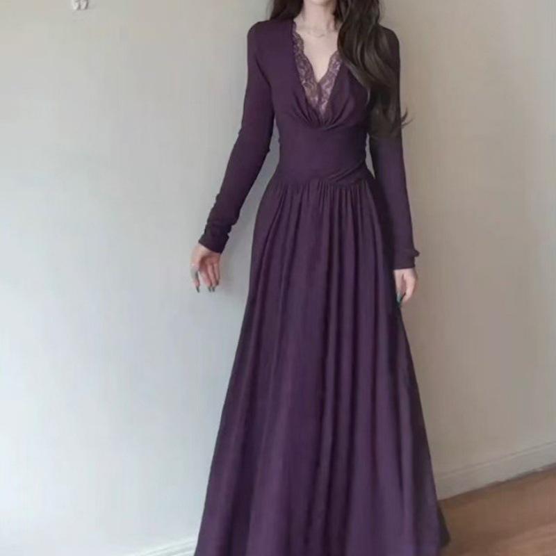 2026 Korean V-neck Lace Patchwork Long Sleeve Waist-Cinching Slim Dress - Spring/Autumn Socialite Style