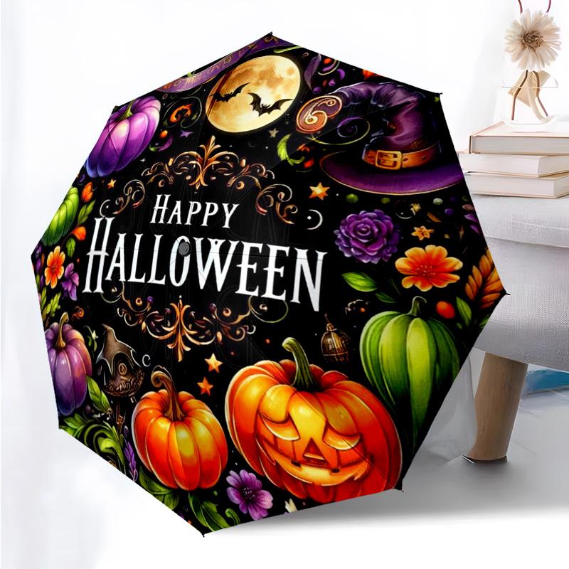 Happy Halloween Themed Folding Umbrella Fashion Auto-Open 8 Iron Ribs Plastic Handle Foldable Sunshade Perfect Christmas Gifts