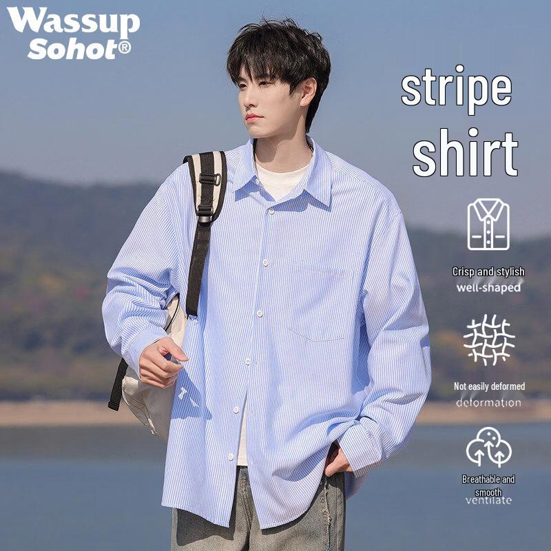 Wassup Sohot Men s Japanese Style Striped Long-Sleeve Casual Shirt M