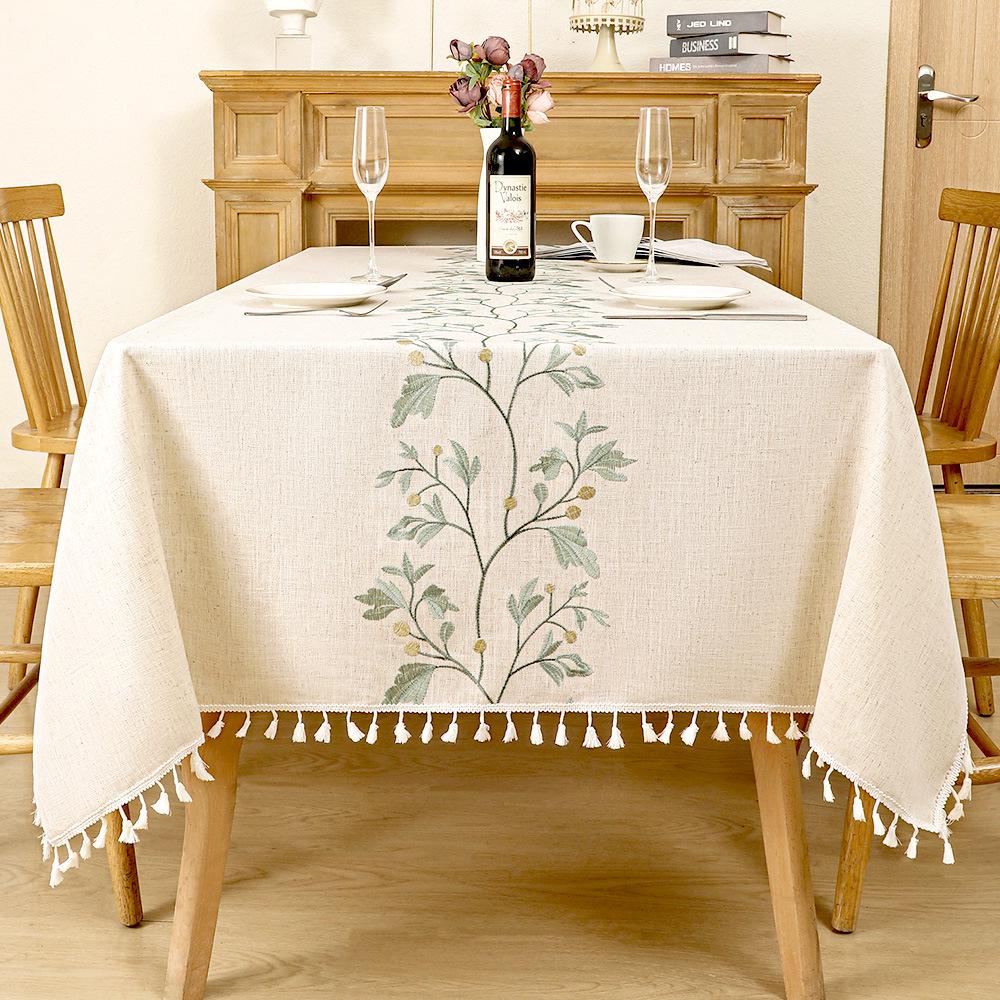 Luxury Embroidered Cotton-Linen Tablecloth with Tassels - Waterproof & Heat-Resistant