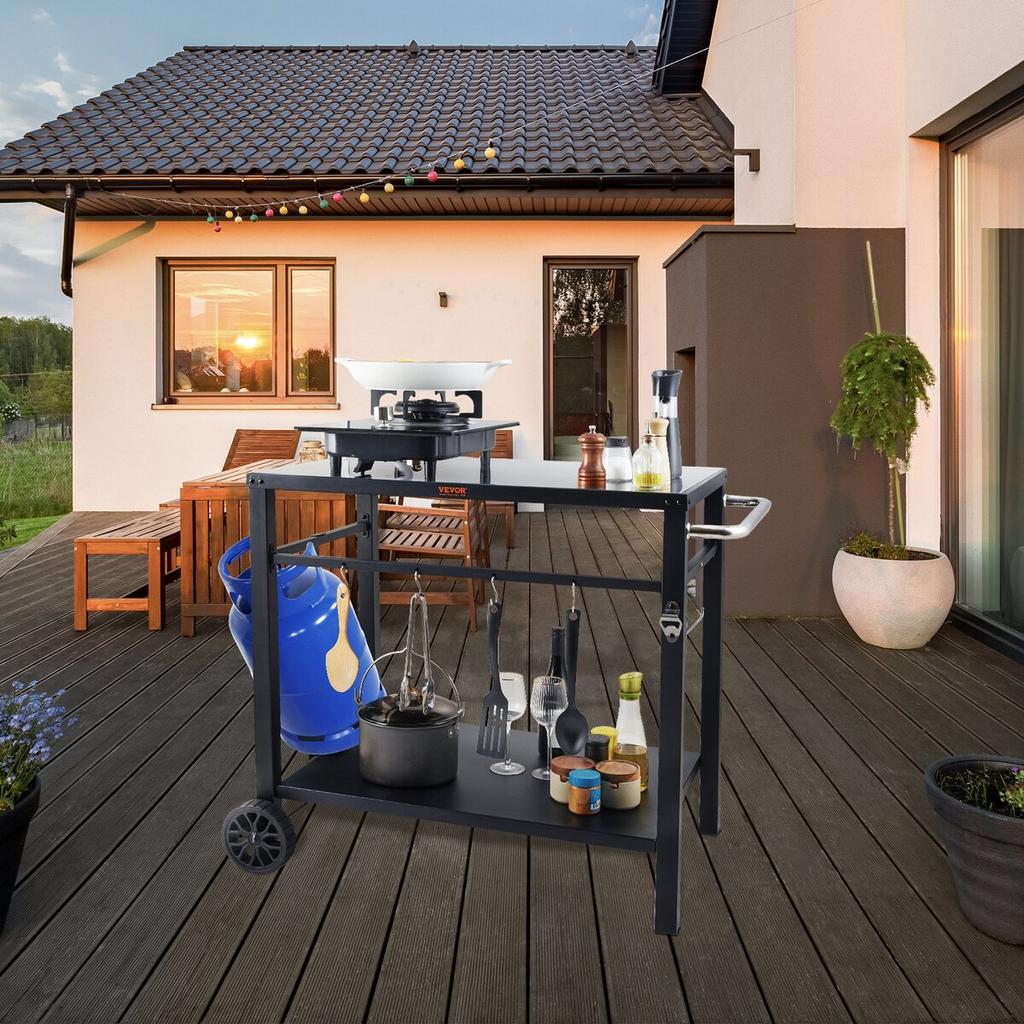 Outdoor Grill Dining Cart with Double-Shelf, BBQ Movable Food Prep Table, Multifunctional Iron Table Top, Portable Modular Carts for Pizza Oven,
