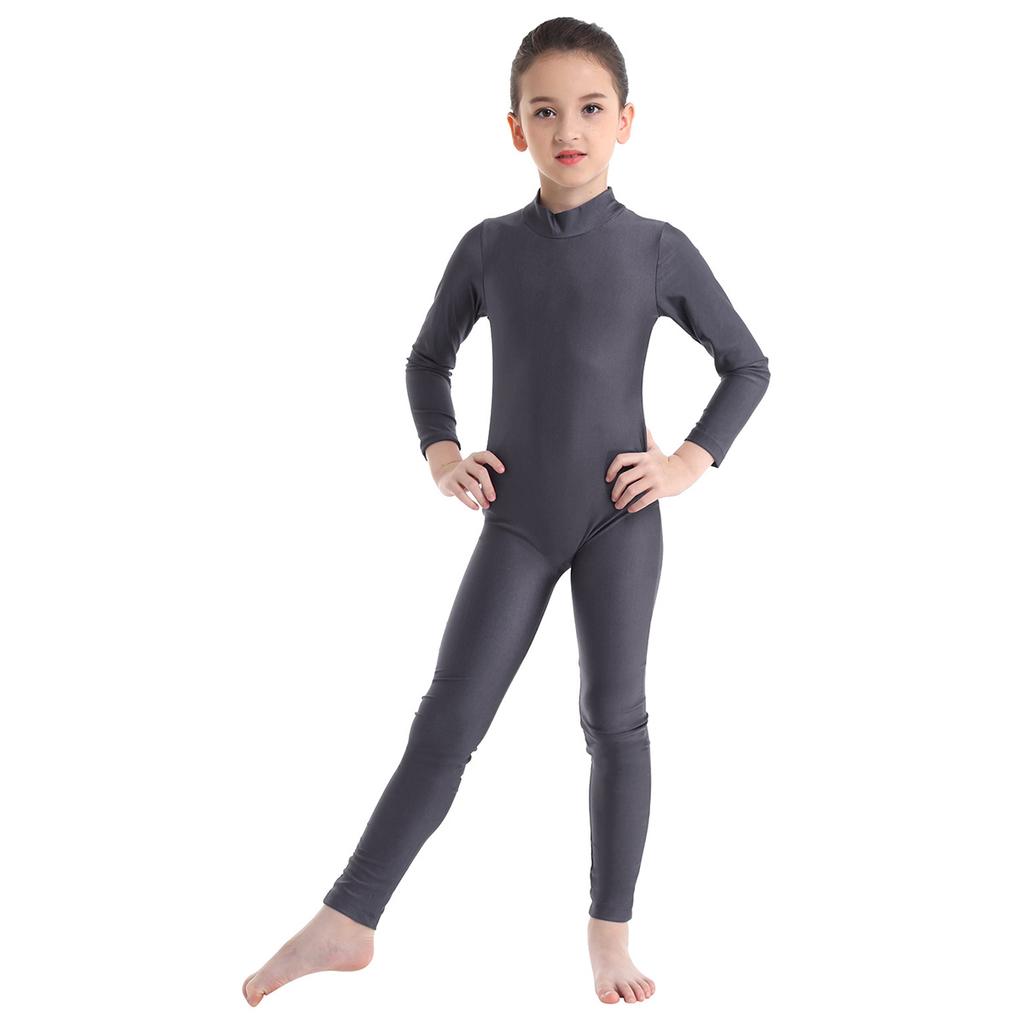 Kids Girls Ballet Dance Gymnastic Unitard Jumpsuit Long Sleeves Mock Neck Zippered Back Bodysuit Activewear