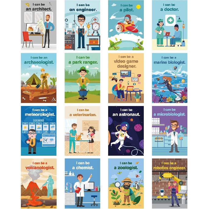 HIQINLUG 16 PCS STEAM Careers Posters Classroom Decorations, Science Classroom Job Bulletin Board Decoration Job Chart Poster with pirational Quotes