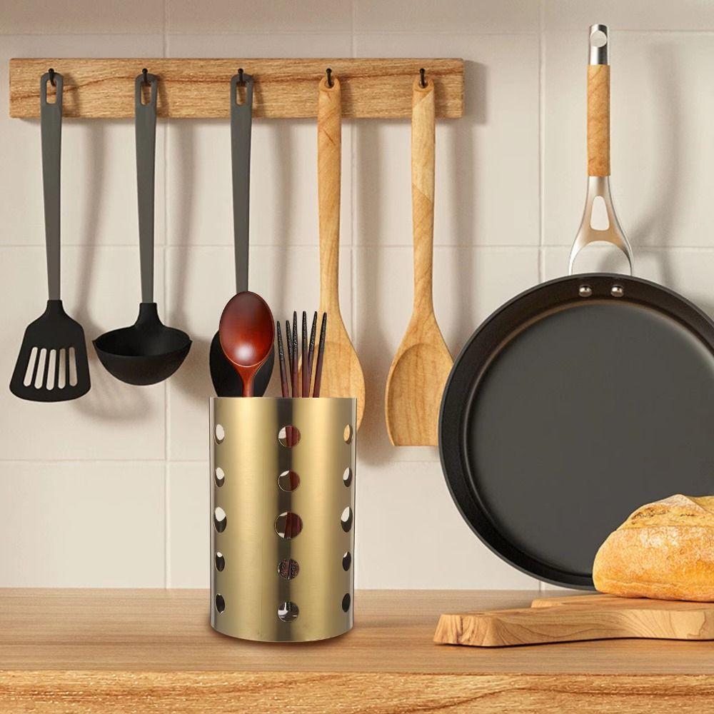 Stainless Steel Kitchen Cutlery Organizer Drainage Holes Utensil Container  Home
