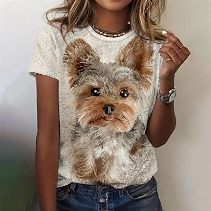 Tägliches Rundhals-Sommer-Damen-T-Shirt mit kurzen Ärmeln, 3D-Druck, kleiner Hund, lässiges T-Shirt