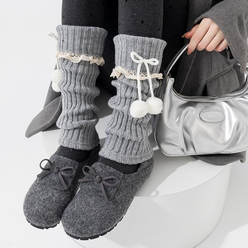 Boots Still Cotton Socks Cover Flanging Ball Bow Stacking Socks Lolita Girl Lace Coffee Calf Cover