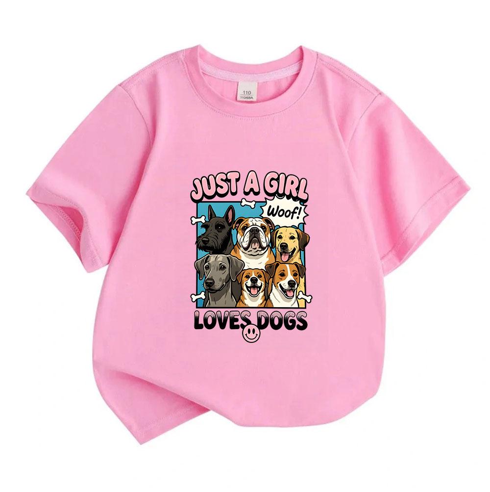 Kids Boys Girls 100% Cotton Crew Neck Short Sleeve T-Shirt, Just A Girl Loves Dogs Print Casual Cute Puppy Animal Pattern Comfortable Breathable Summe