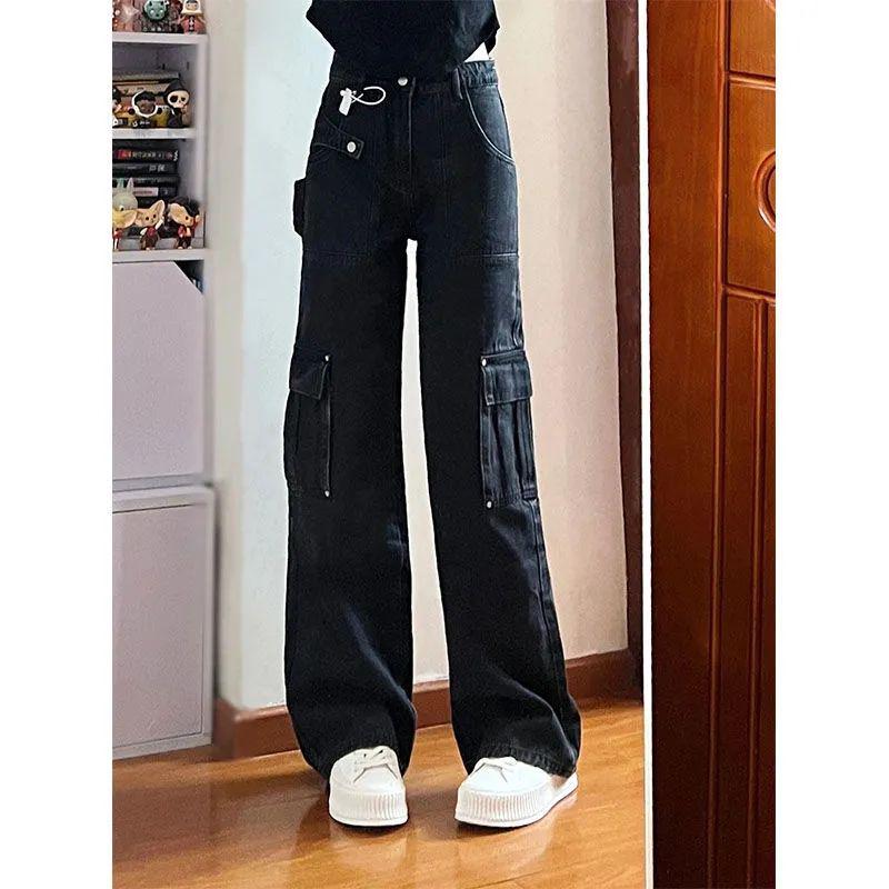 

Women s Retro Black Wide-Leg Cargo Jeans – High Street Autumn Design S чорний