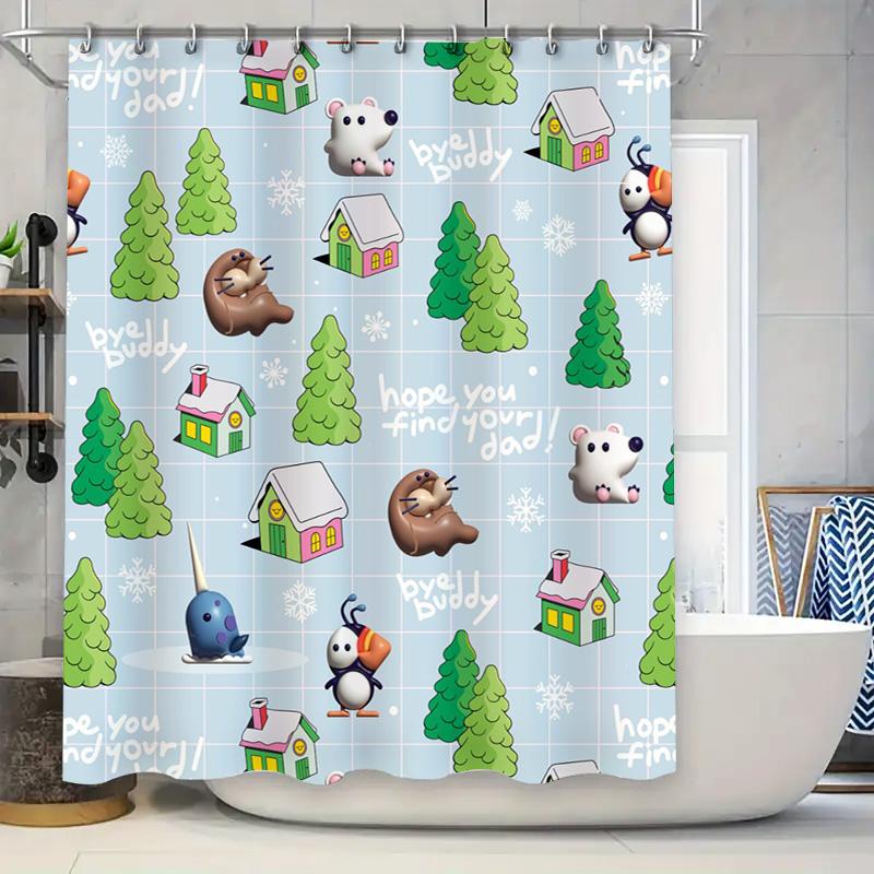 

Whimsical Christmas Shower Curtain With Adorable Animal Design Blue Background Decorative Bathroom Liner For Home Decoration Gif W60H190(CM)-1 Pcs