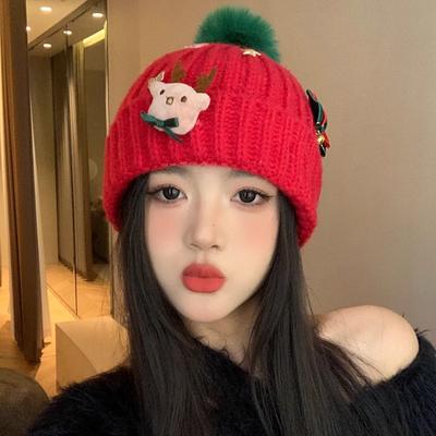 Red Christmas Woolen Hat Autumn and Winter Korean Style Versatile Face Showing Small Knitted Hat Big Head Warm Hat Women