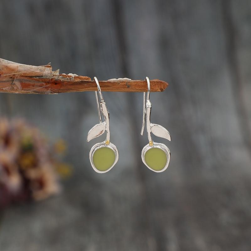 Luxury Silver Color Flower Leaf Round Green Stone Dangle Earrings Metal Carving Earrings for Women