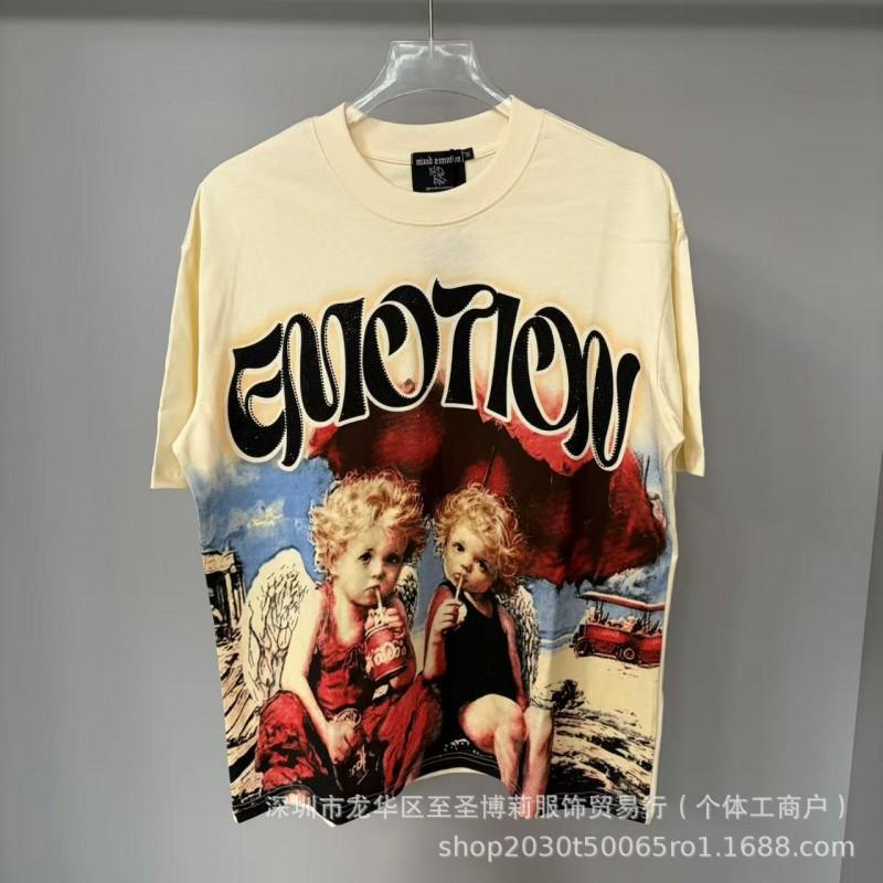 Unisex Vintage American Style Loose Fit Cotton Tee With Embellished Letter Print Round Neck Short Sleeve