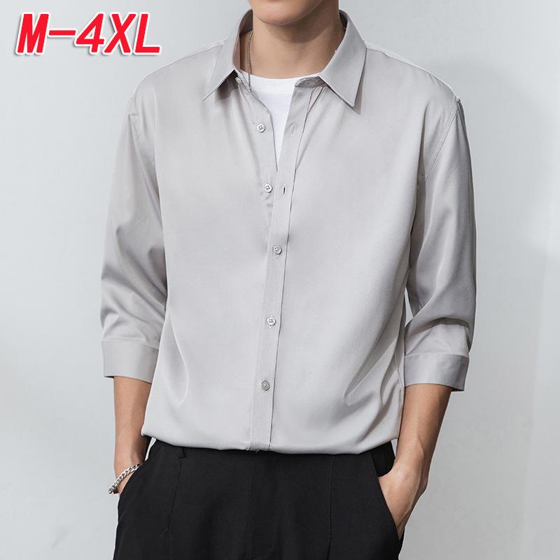 Men's Short-Sleeve Ice Silk Drape Shirt - Casual Loose-Fit, Solid Color, Trendy Summer Outerwear