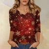 Dámské tričko s vánočním potiskem, 3/4 rukávy, pro každodenní nošení i na víkend, módní základní top s výstřihem do V, běžného střihu