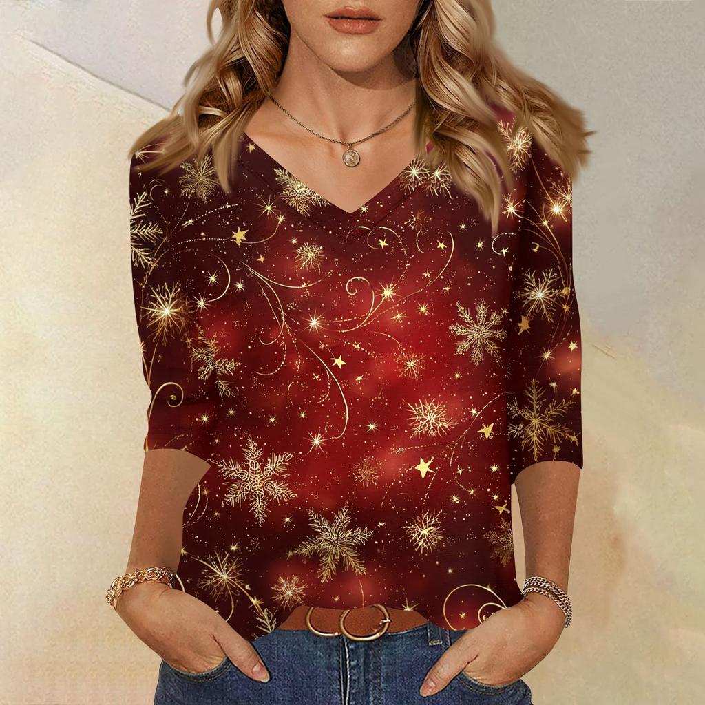 Dámské tričko s vánočním potiskem, 3/4 rukávy, pro každodenní nošení i na víkend, módní základní top s výstřihem do V, běžného střihu