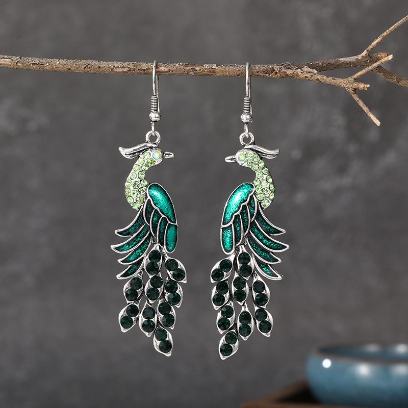 Blue Drop Oil Rhinestone Peacock Earrings for Women Ethnic Vintage Long Silver Color Geometric Animal Earrings Boho Jewelry Gift