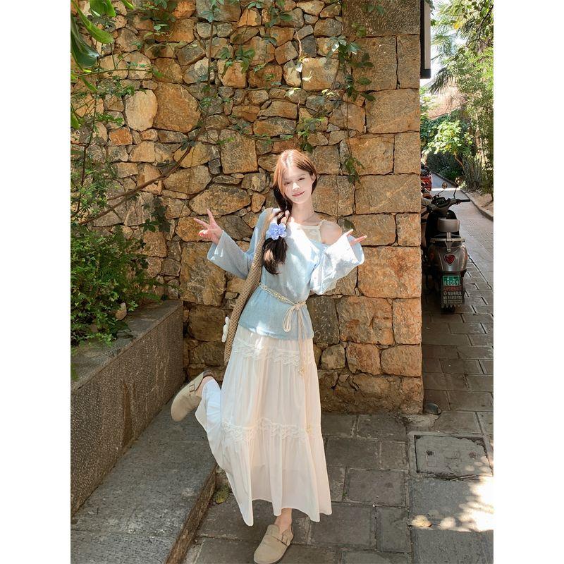 

Нежный милый костюм в стиле «обманка», двухпредметный, с длинными рукавами, приталенная футболка, женский осенний комплект из двух предметов: юбка с высокой талией и белая футболка. White Skirt One size