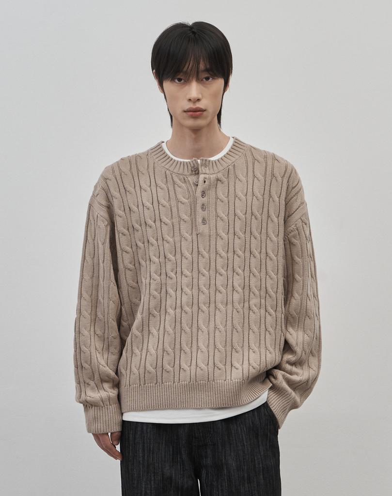 WORK ON BODY OFF Koren Semi-Overfit Cable Henley Neck Knit [Beige]