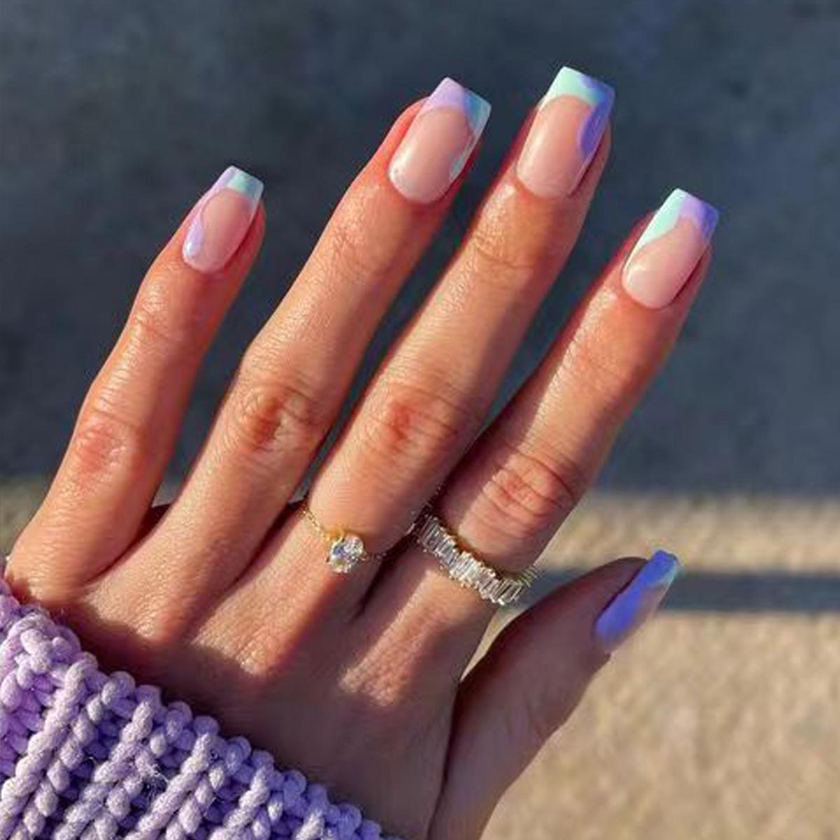 

24-Pack Blue-Purple Color Block Press-On Nails - European Style and Versatile Fashion