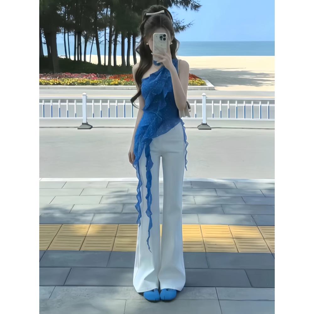 

Korean Style One-Shoulder Top & Jeans: Pure White Moonlight Summer Two-Piece Set S