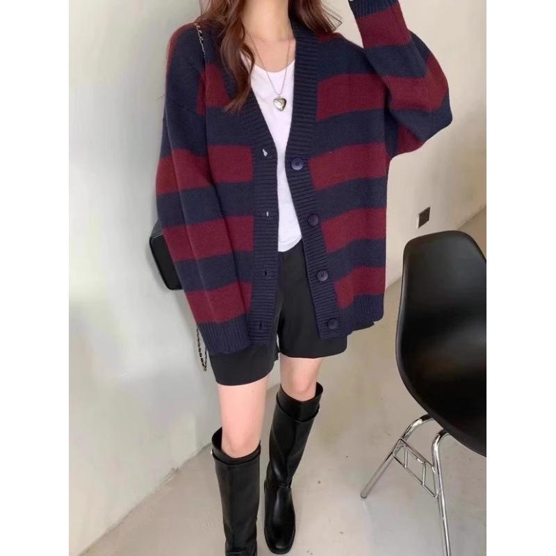 2025 Autumn/Winter Korean Style Loose Striped Knit Cardigan - Women's Versatile Slimming Sweater Coat